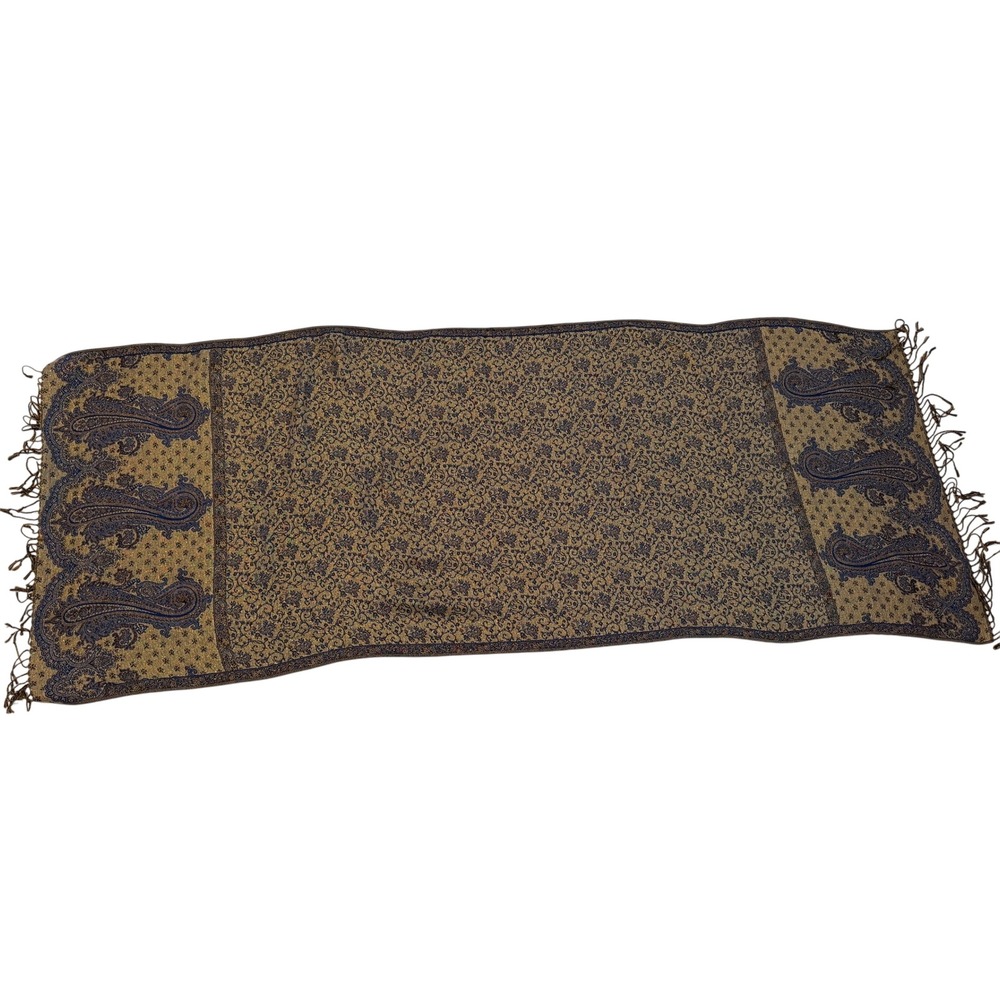Pashmina Silk Blend Paisley Scarf Shawl Reversible Brown Gold Fringe Wrap
